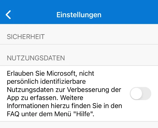 Microsoft Authenticator Einstellungen mit deaktivierter Option zum Senden von Nutzungsdaten.