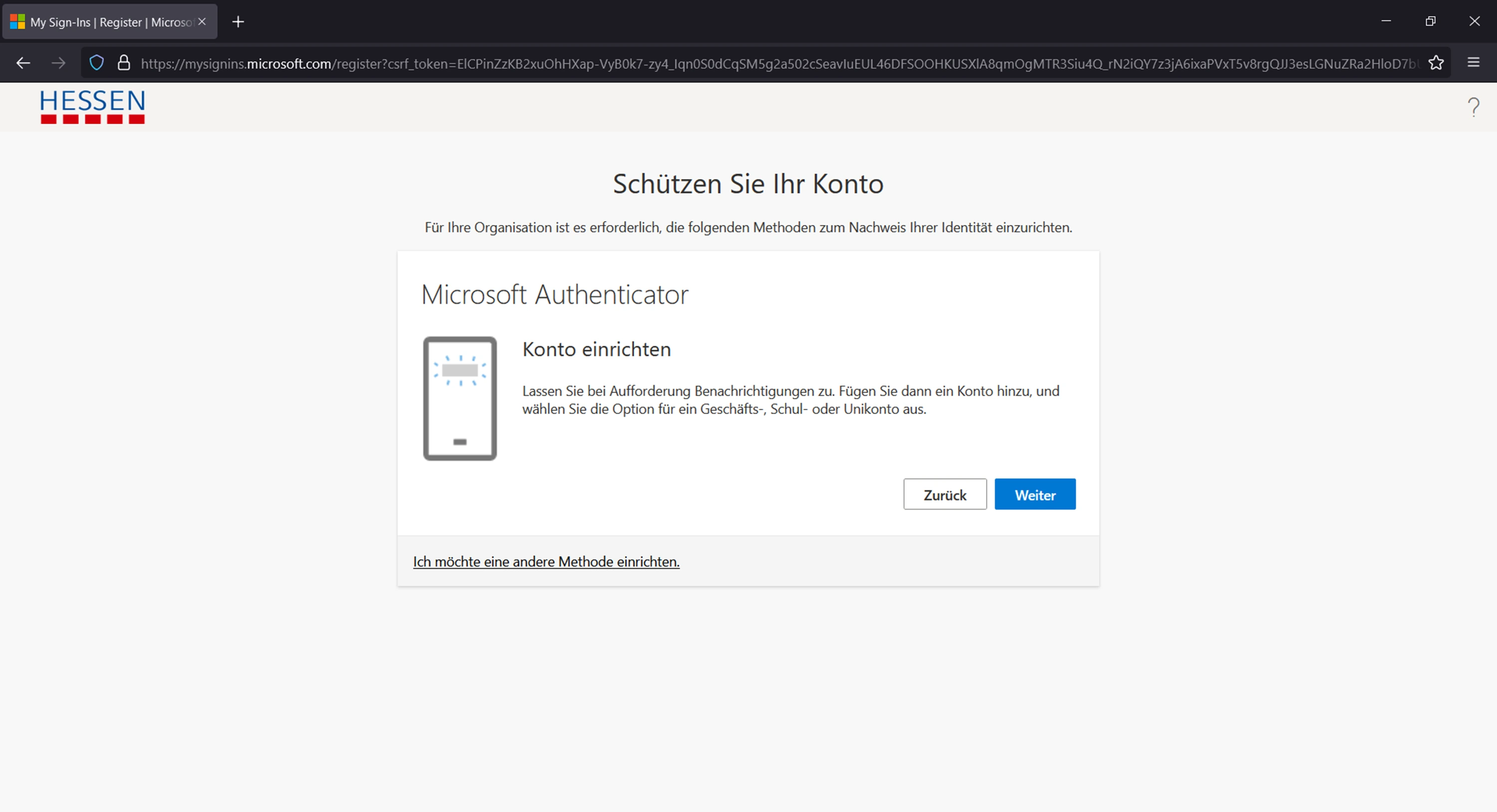 Browserseite Microsoft Authenticator – Konto einrichten.