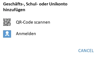 Auswahl Geschäfts-, Schul- oder Unikonto hinzufügen mit Option QR-Code scannen.