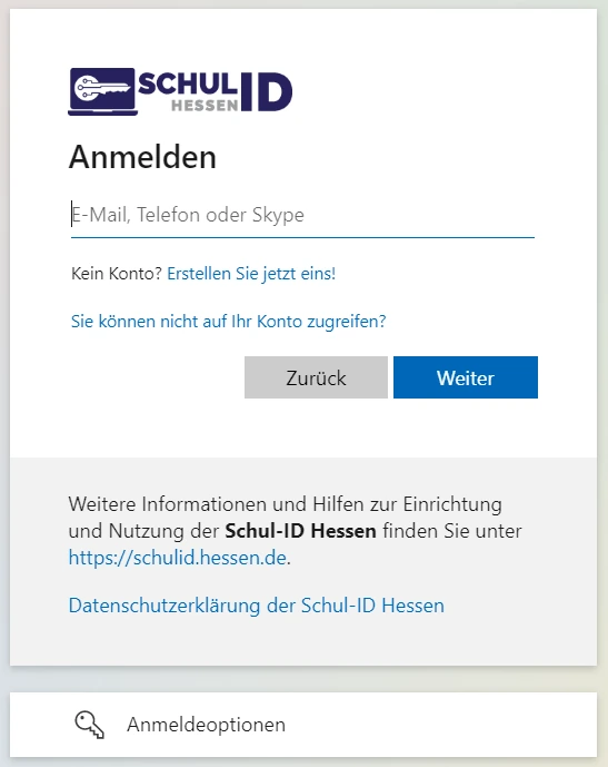 Anmeldeseite der Schul-ID Hessen mit Eingabefeld für die Schul-ID Hessen.