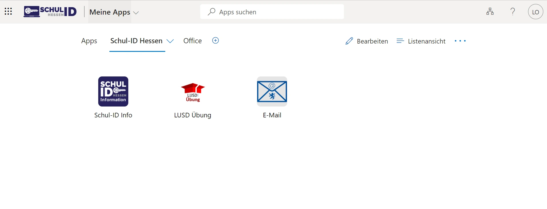 My Apps-Übersicht der Schul-ID Hessen mit bereitgestellten Anwendungen.