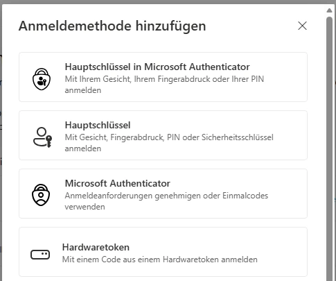 Aktuelle Auswahl Anmeldemethode hinzufügen mit der Methode Hauptschlüssel.