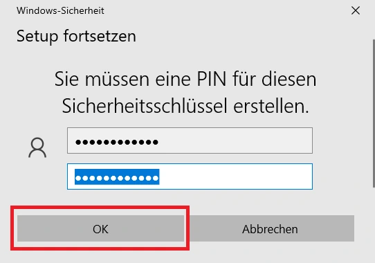 Windows-Sicherheit mit ausgefüllten PIN-Feldern und Schaltfläche OK.
