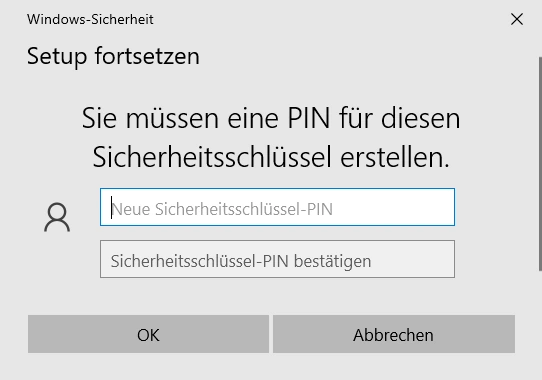 Windows-Sicherheit mit Eingabefeldern zum Erstellen einer PIN für den Sicherheitsschlüssel.