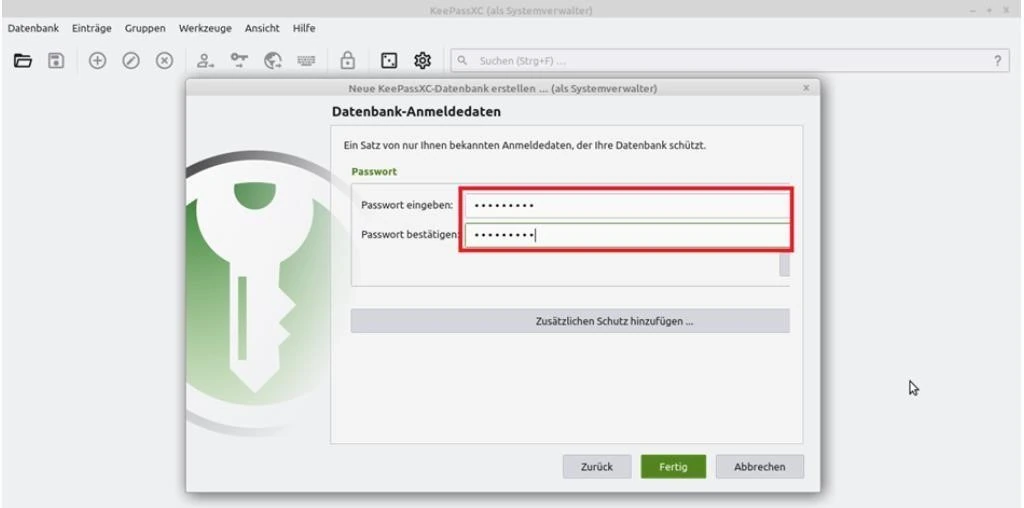 KeePassXC-Dialog zum Vergeben des Datenbankkennworts.