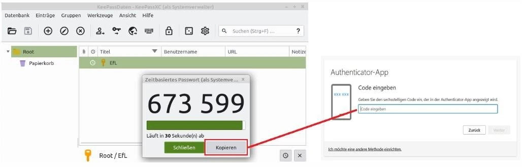 KeePassXC mit einem angezeigten sechsstelligen TOTP-Code und Schaltfläche Kopieren.