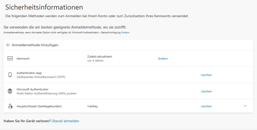 Aktuelle Microsoft-Seite Sicherheitsinformationen mit den hinterlegten Methoden und der bevorzugten Anmeldemethode.