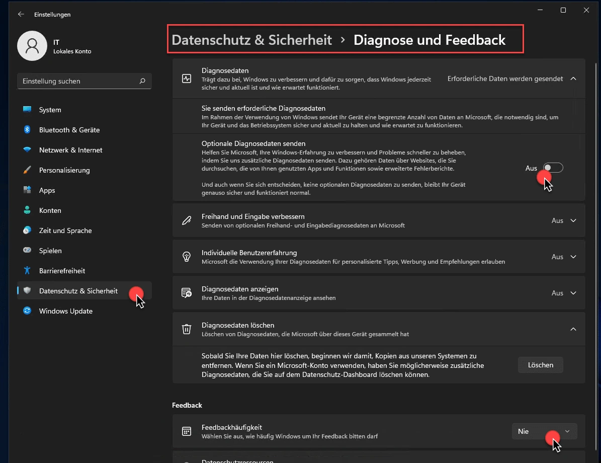 Windows-11-Einstellungen im Bereich Datenschutz und Sicherheit, Diagnose und Feedback, mit deaktivierten optionalen Diagnosedaten und weiteren datenschutzbezogenen Einstellungen.